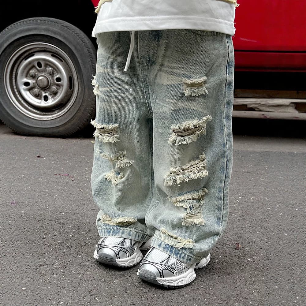 Boys Ripped Jeans Spring Summer 2026 New Children's Trendy Straight Leg Pants Handsome Little Boy Street Style Wide Leg Pants