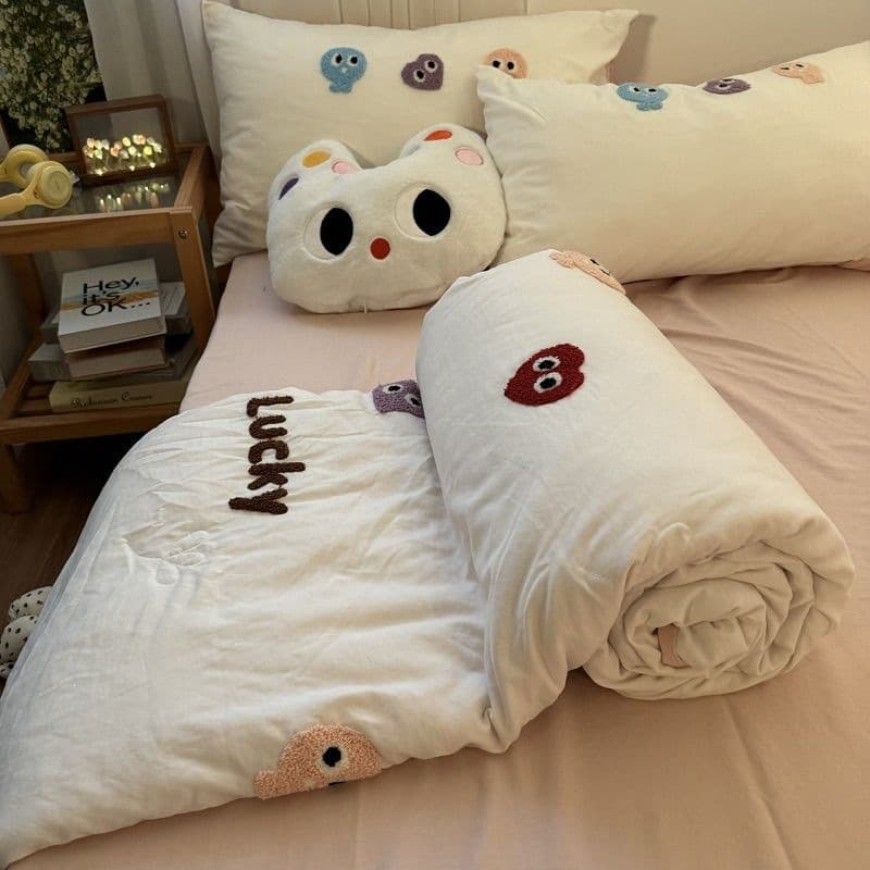 R5X Girly Cute Towel Embroidery Summer Quilt 4-Piece Set, Washed Cotton Air Conditioning Quilt, Machine Washable, Thin Summer Blanket
