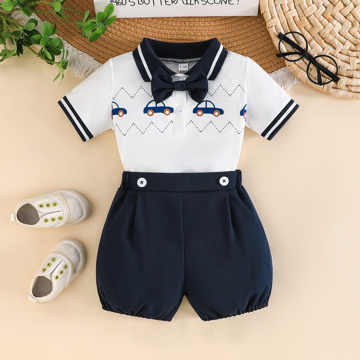Baby Boy Academic Style Summer Outfit: Short-Sleeve Top + Bloomer Shorts, 1st Birthday Suit Set