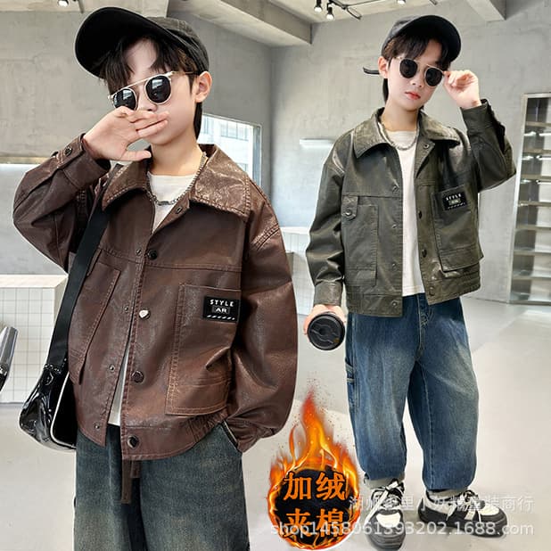 Boys Faux Leather Jacket with Fleece Lining 2026 Winter New Arrival Kids Thickened Toddler & Youth Stylish Biker Jacket