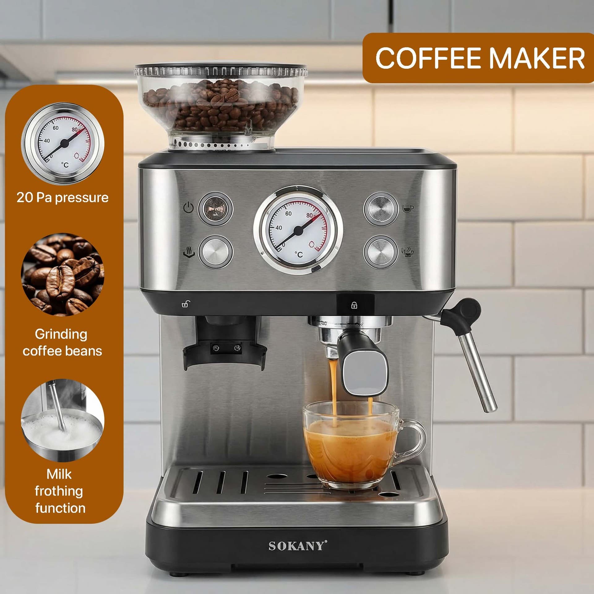 1.6L Fully Automatic Grind & Drip Italian 20 Bar Steam Coffee Maker with Grinder and Milk Frother