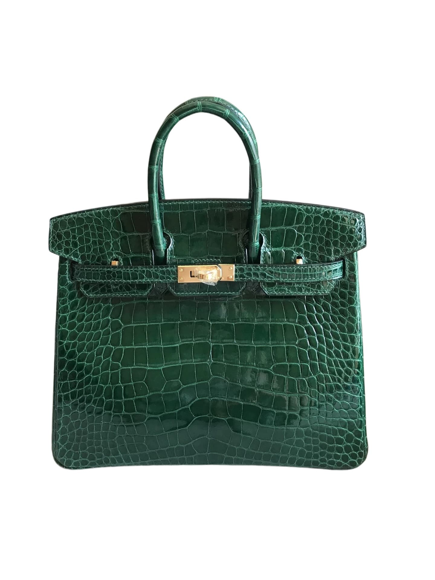 Luxury Hand-Stitched 25/30 Imported Shiny Crocodile Leather Emerald Green Handbag with Platinum Finish for Women
