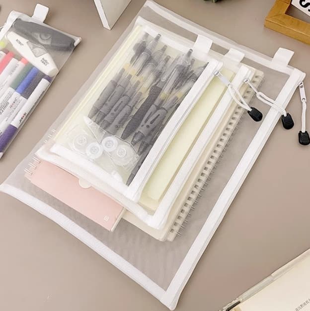 Transparent Mesh Pencil Case with Handle, Zipper Storage Bag for Students, Exam Supplies, Office Document Organizer