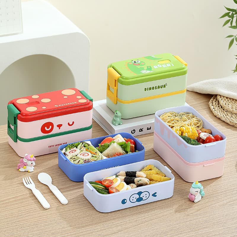 Kids Lunch Box Cute Cartoon Divided Bento Box Double Layer Lunchbox Microwave Safe Portable Student Meal Box