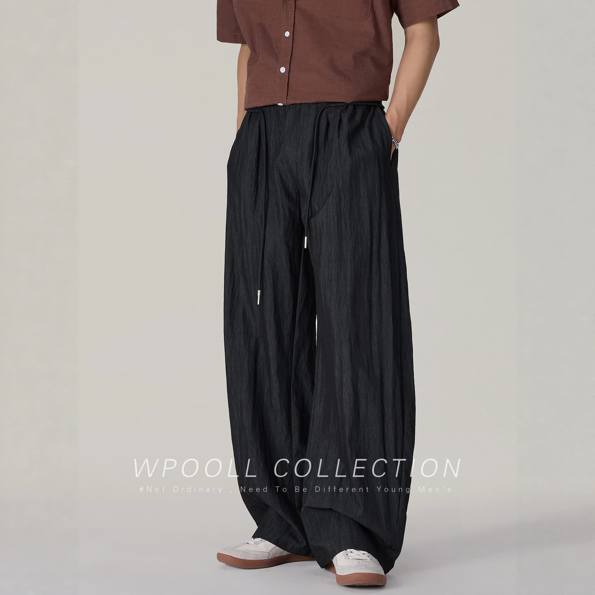 Summer Lightweight Textured Casual Pants for Men Old Money Style Loose Drawstring Plus-Size Curved Black Floor-Dragging Yamamoto Pants