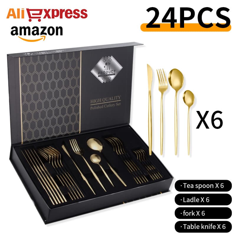 Stainless Steel Cutlery Set 24-Piece Home Use Knife Fork Spoon Dining Utensils Gift Box Set Modern Simple Style Wedding Gift