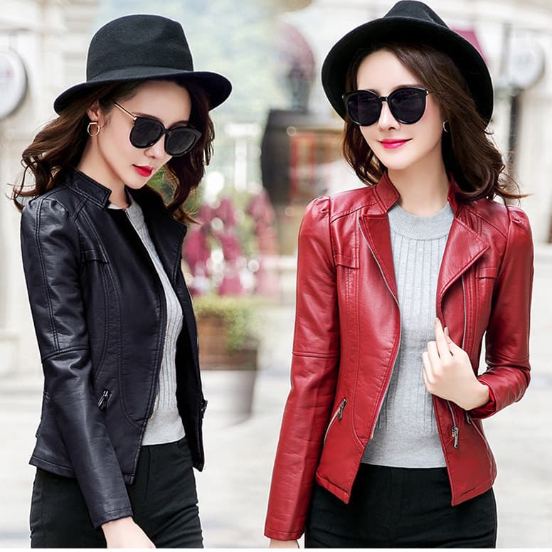 Women's Short Slim PU Leather Motorcycle Jacket, Spring European Style Blazer Top