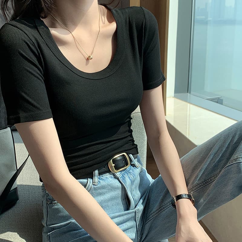 High Quality U-Neck Short Sleeve T-Shirt for Women Spring Solid Slim Fit Basic Versatile Pure Style Top