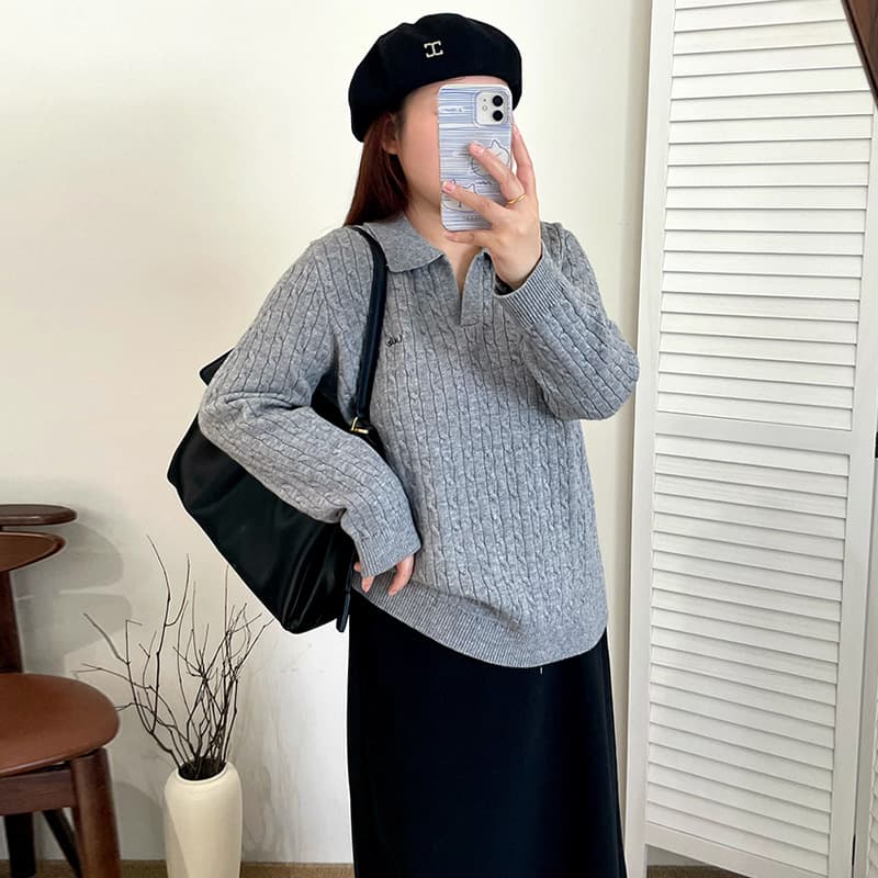 Plus Size Women's Casual Polo Collar Sweater with Cable Knit Texture, Winter 2025, 23238