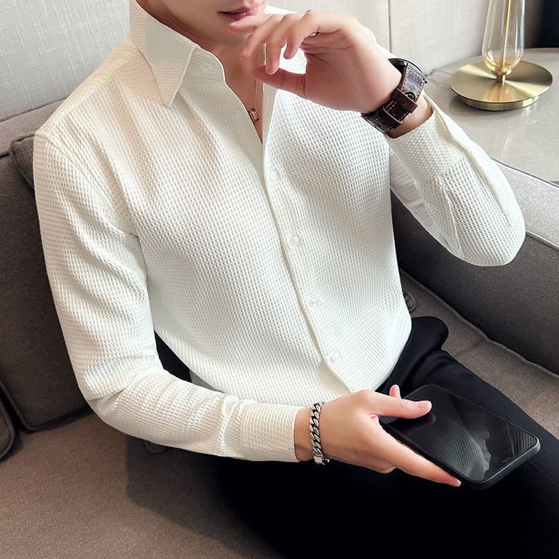 Waffle Weave Shirt Men's Long Sleeve Street Brand Spring Autumn Slim Fit Business Elegant Droop White Shirt High-End Sense Dress Shirt
