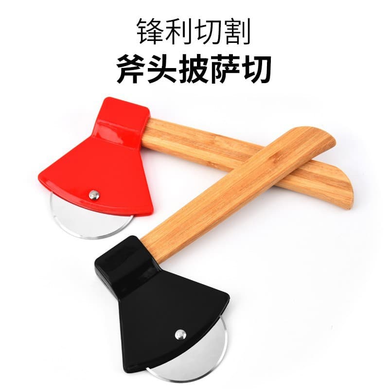 In stock: Axe-shaped pizza cutter with bamboo handle, thickened blade, stainless steel roller, creative pizza cutter.