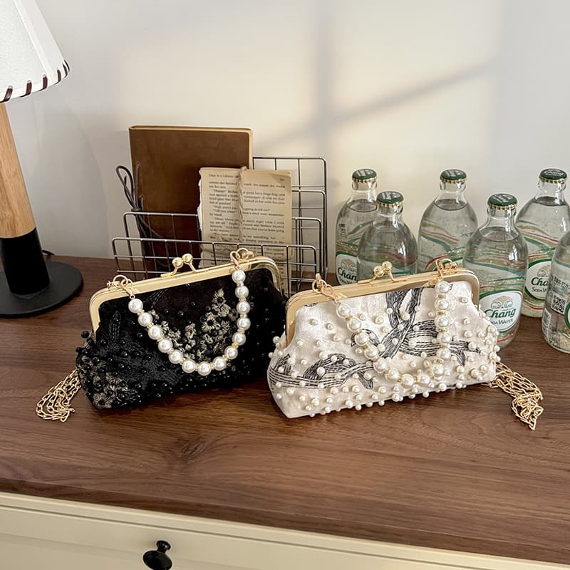Cross-border new national style women's bag, new Chinese style cheongsam bag, evening bag, pearl embroidery clutch bag, shoulder crossbody bag