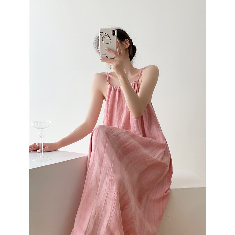 Dopamine Pink Smudged Dress Women's Summer Slimming Temperament Full Swing Skirt Sleeveless Beach Long Skirt Holiday Suspenders Dress