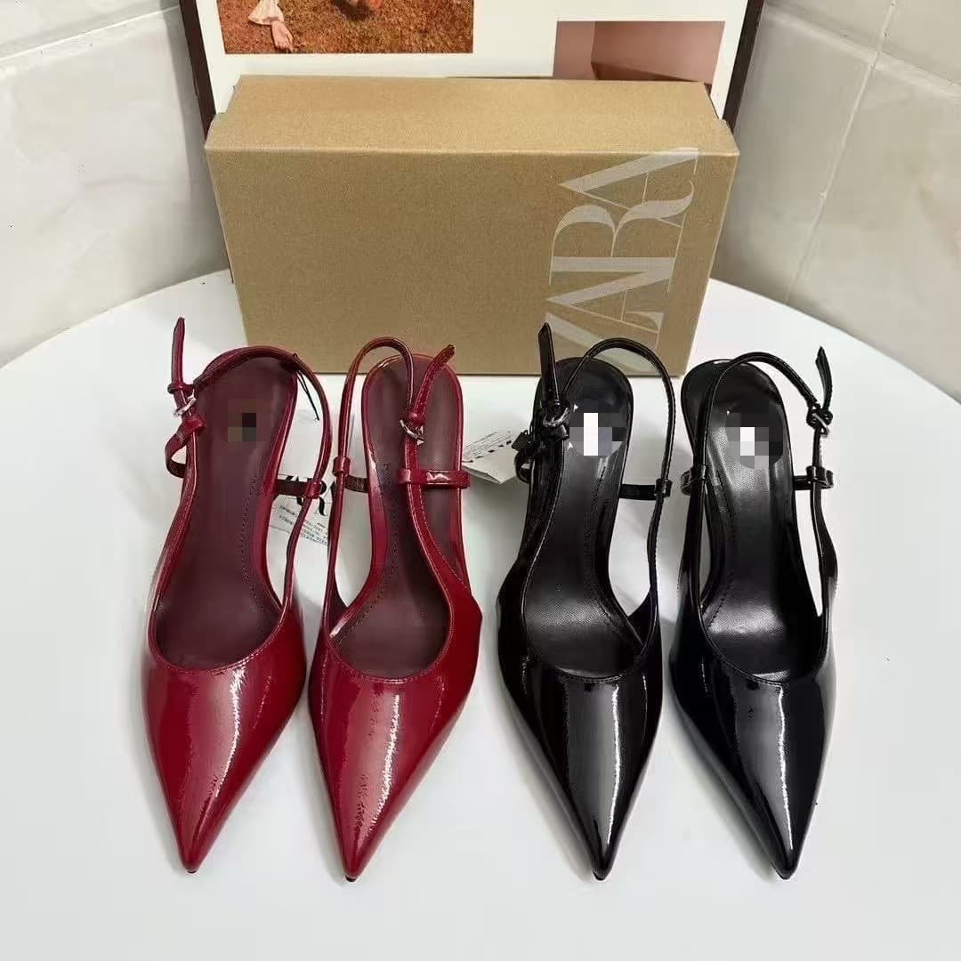ZA Spring 2025 New Pointed Toe Red Patent Leather Fashion Versatile European and American Style Closed Toe High Thin Heel Open Back Sandals for Women