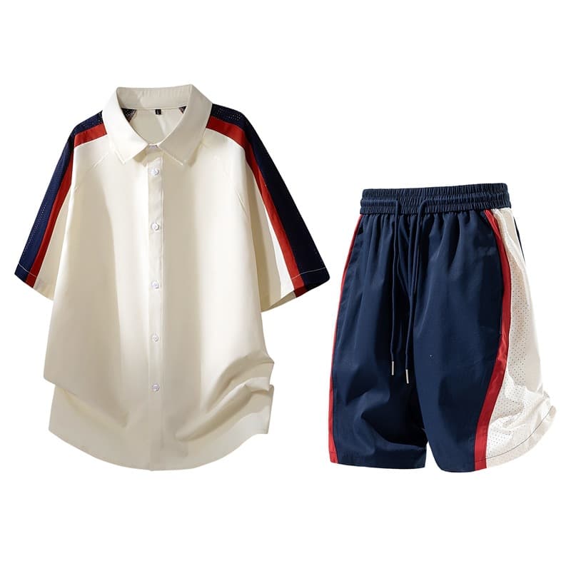 Cross-border Wholesale American Style Striped Short Sleeve Set Men's Summer New Thin Breathable Shirt Shorts Sports Two-Piece Set