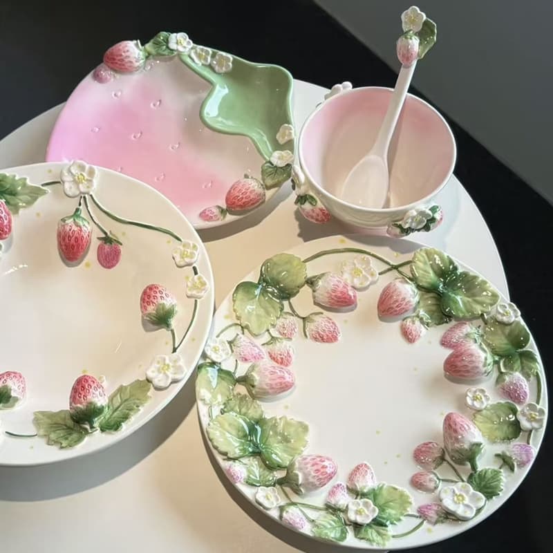 Strawberry Plate Dinnerware Pink Girl's Heart Ceramic Bowl Deep Plate Breakfast Plate Western Pasta Dessert Cake Plate
