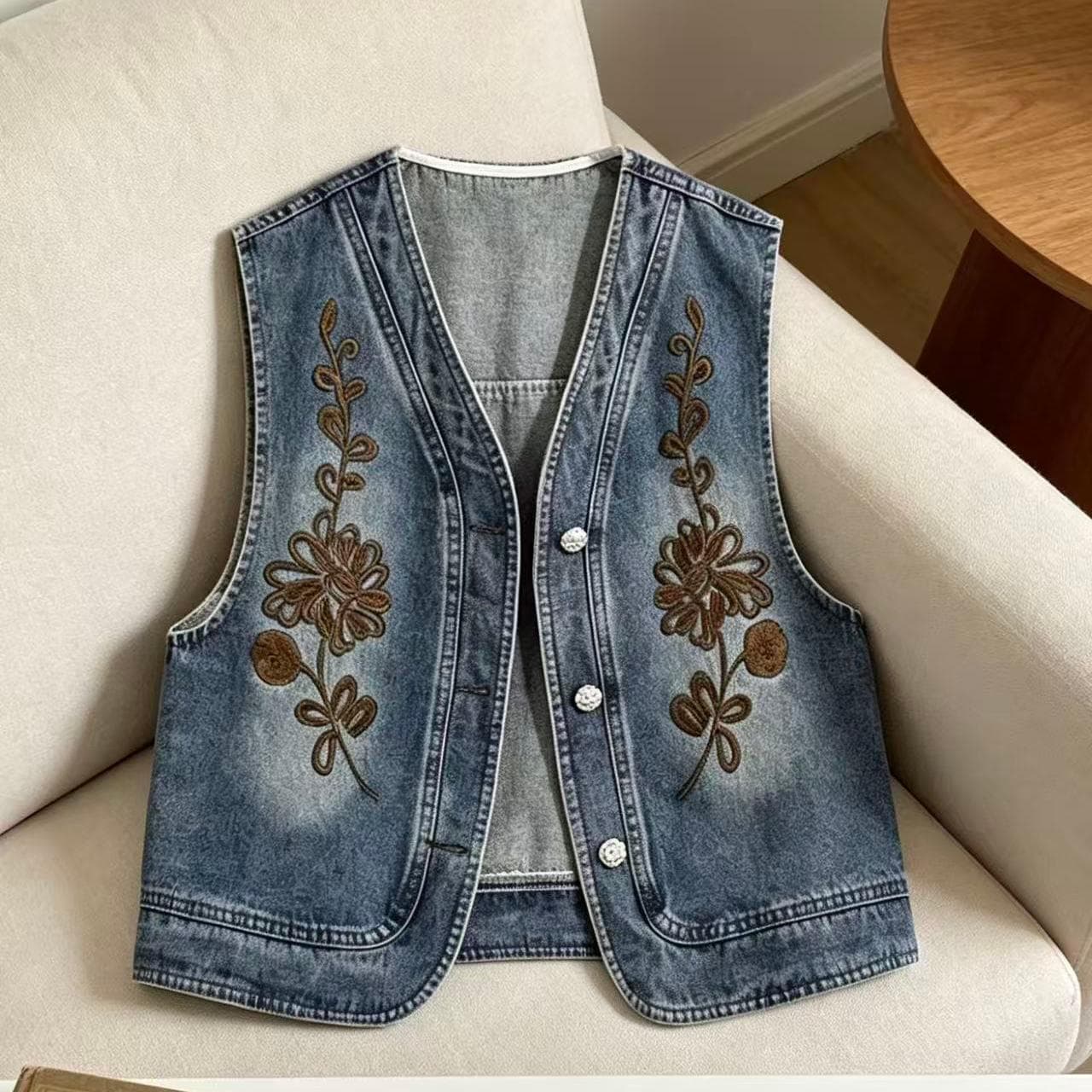 Heavy-Duty Vintage Embroidered Denim Vest for Women, Summer Thin Style, Korean Fashion V-Neck Layering Sleeveless Waistcoat