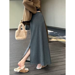 Gray Skirt Women High Waist Slimming 2026 Summer A-Line Skirt Pencil Skirt Slit Slimming Knit Skirt Midi Skirt