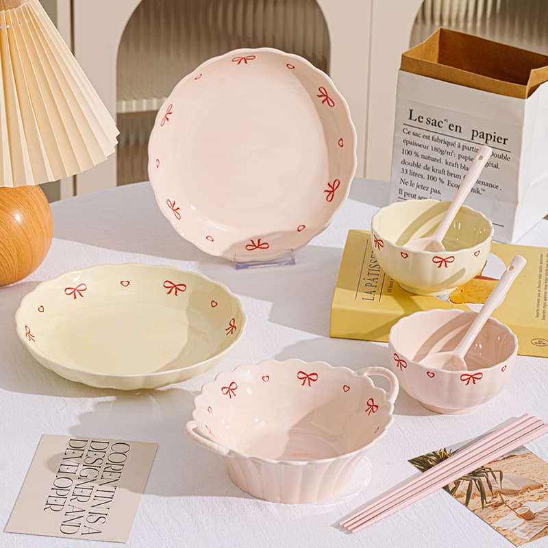 Modern Minimalist Ceramic Bowl Plate Set Glazed under Color Butterfly Knot Design Diningware Set for Adults Suitable for Various Occasions