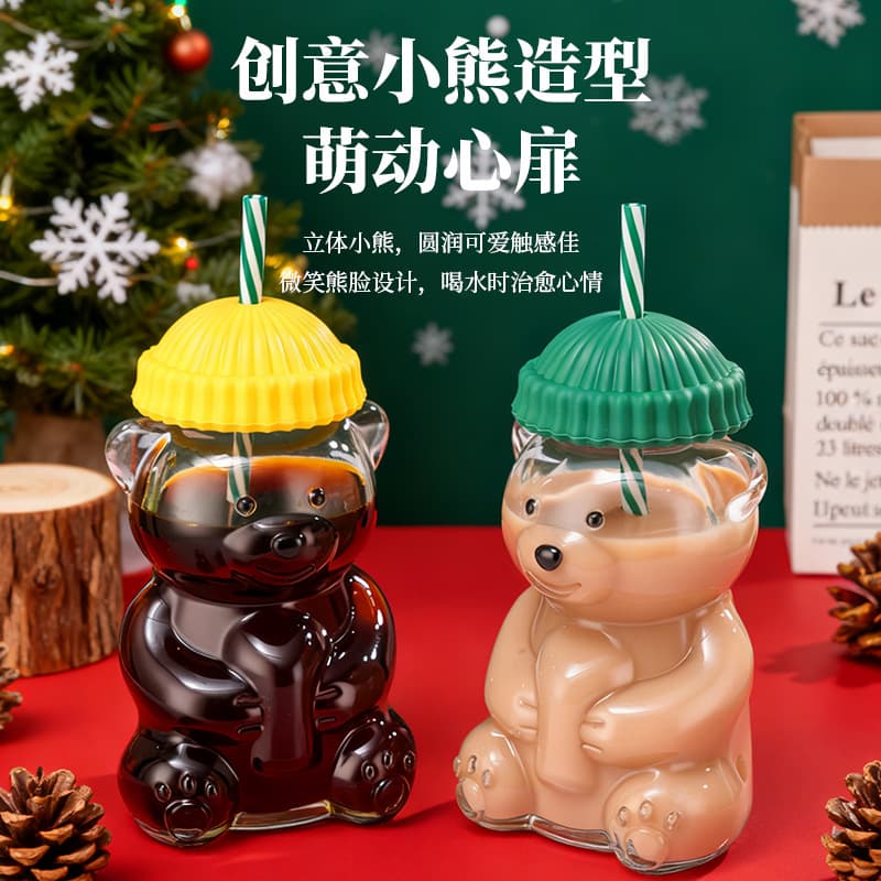 New Trendy High-Appeal Bear Glass Cup Cute Cartoon Milk Beverage Straw Cup Bear Christmas Cup