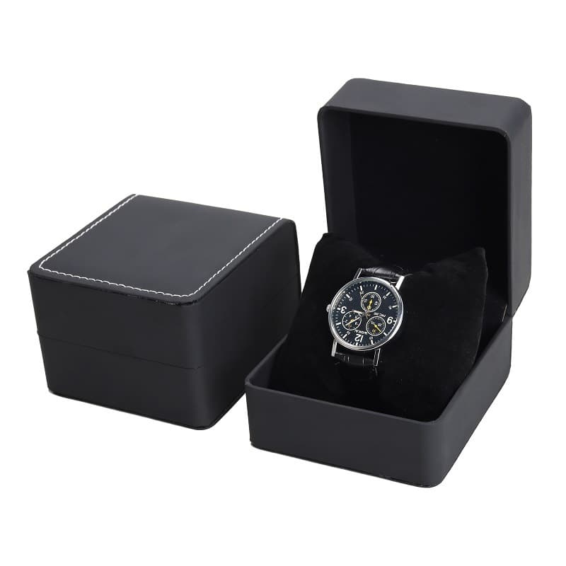 High-End PU Leather Watch Storage Box Display Case Wholesale Jewelry Packaging Gift Box round Corner Matte Black for Amazon LAZADA