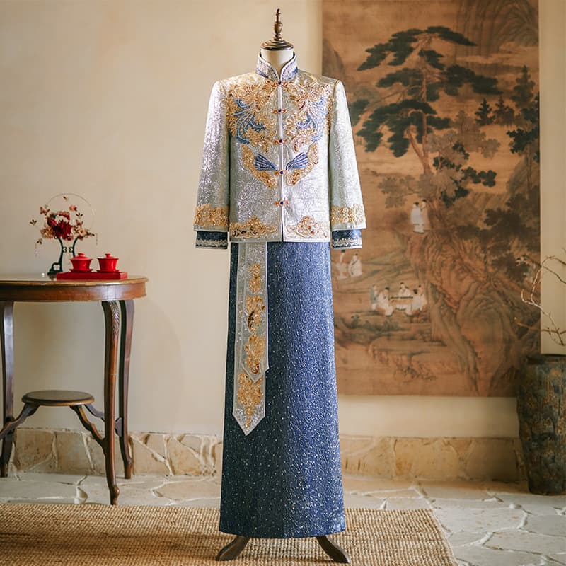 Men's Xiuhe Dress 2024 New Style Heavy-duty Blue Wedding Dress High-quality Wedding Attire New Chinese Style Xiuhe