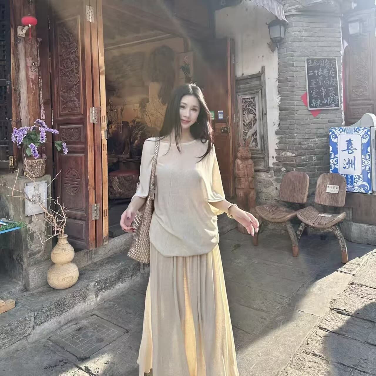 French Gentle Style Silk Wool Worsted Cotton Acetate Long Dress Tencel Square Collar Dress Linen Set