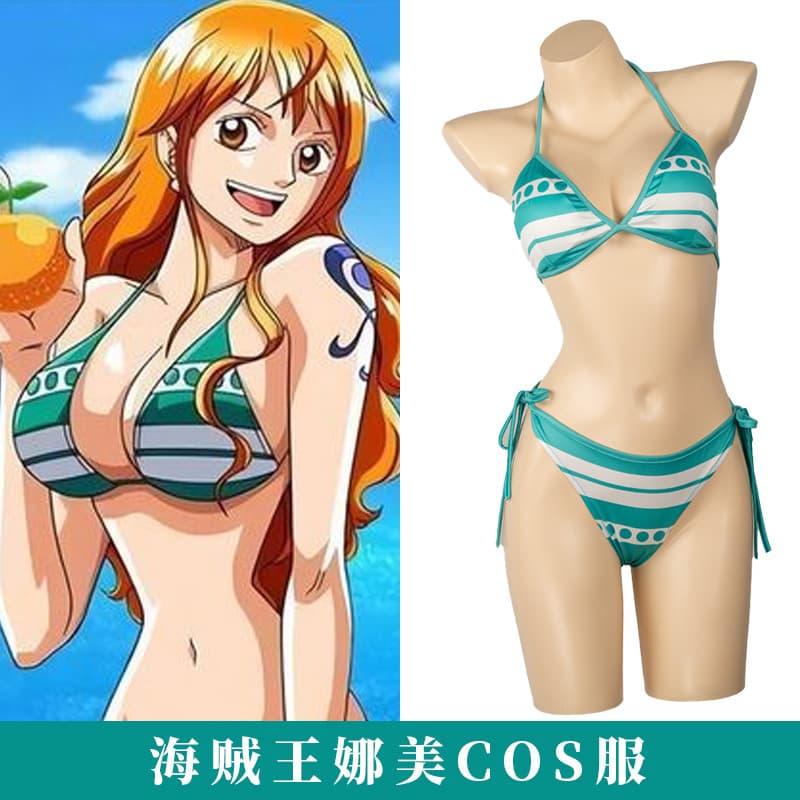 One Piece Cosplay Costume Luffy Nami Underwear Cosplay Women's Green and White Striped Swimsuit Role-Playing Outfit