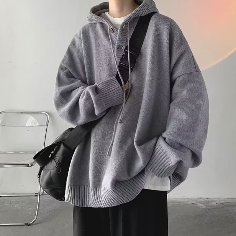 Vintage American retro style button-down hooded sweater for men, unique design, slightly edgy and laid-back style.