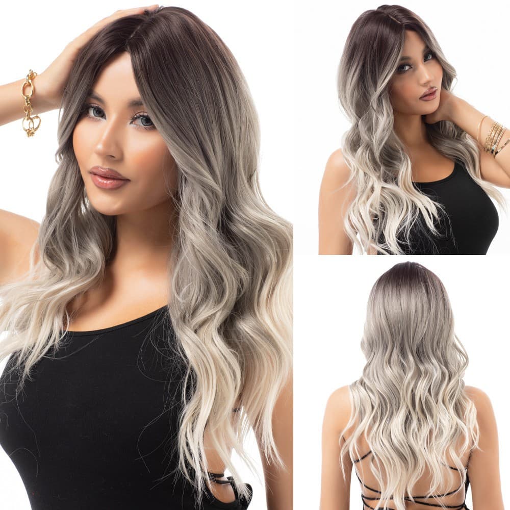 24 Inch Women's Long Brown Multicolor Wavy Wig Natural Appearance Gradient Curly Wig Heat Resistant Synthetic Wig