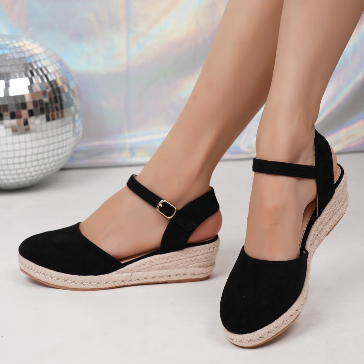 Versatile Black Hollow Mary Jane Sandals with Woven Wedge Espadrille Platform and Single Buckle Strap for Women