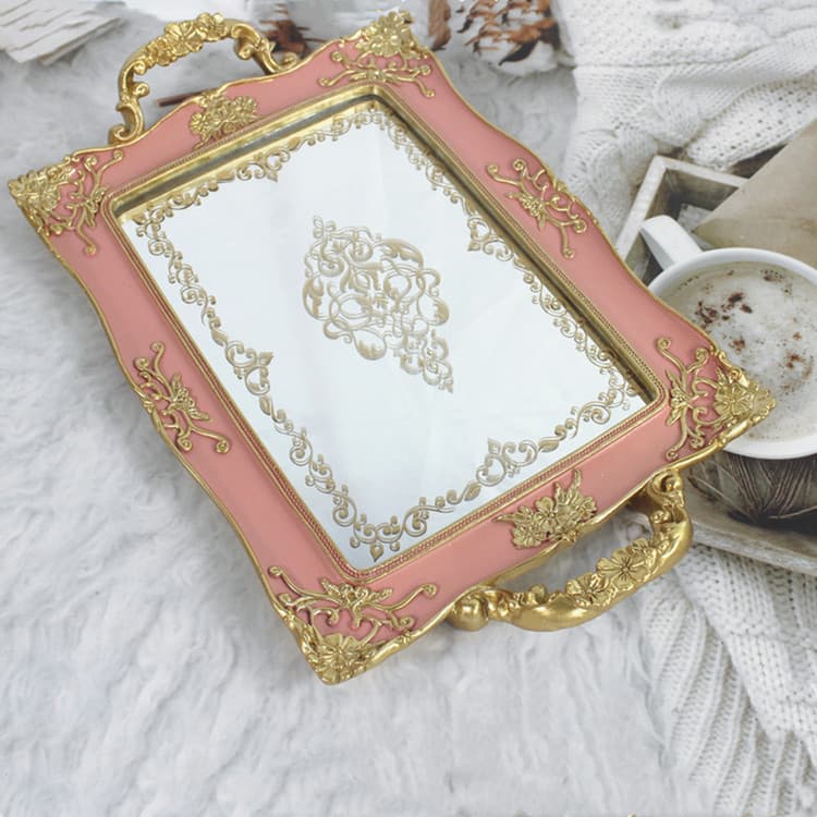 European Vintage Rectangular Mirror Dessert Tray Creative Decorative Wedding Cake Dessert Jewelry Storage Display Plate