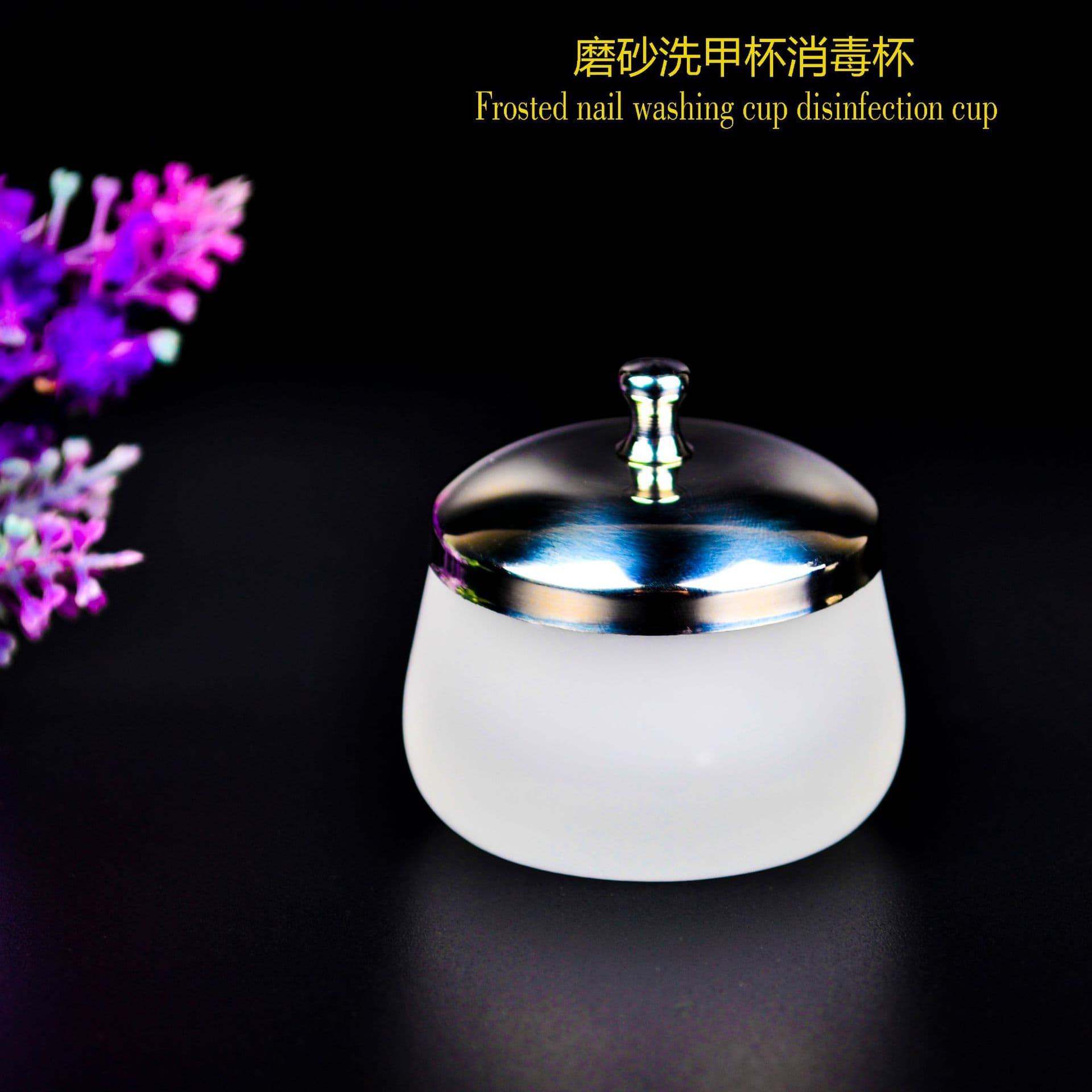 Crystal Nail Art Stainless Steel Lid Glass Frosted Washing Nail Cup Disinfectant Round Glass Cup Polish Remover