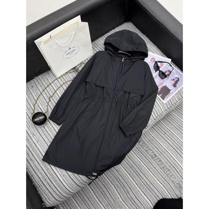 Pr* new hooded mid-length windbreaker jacket nylon fabric waist drawstring design