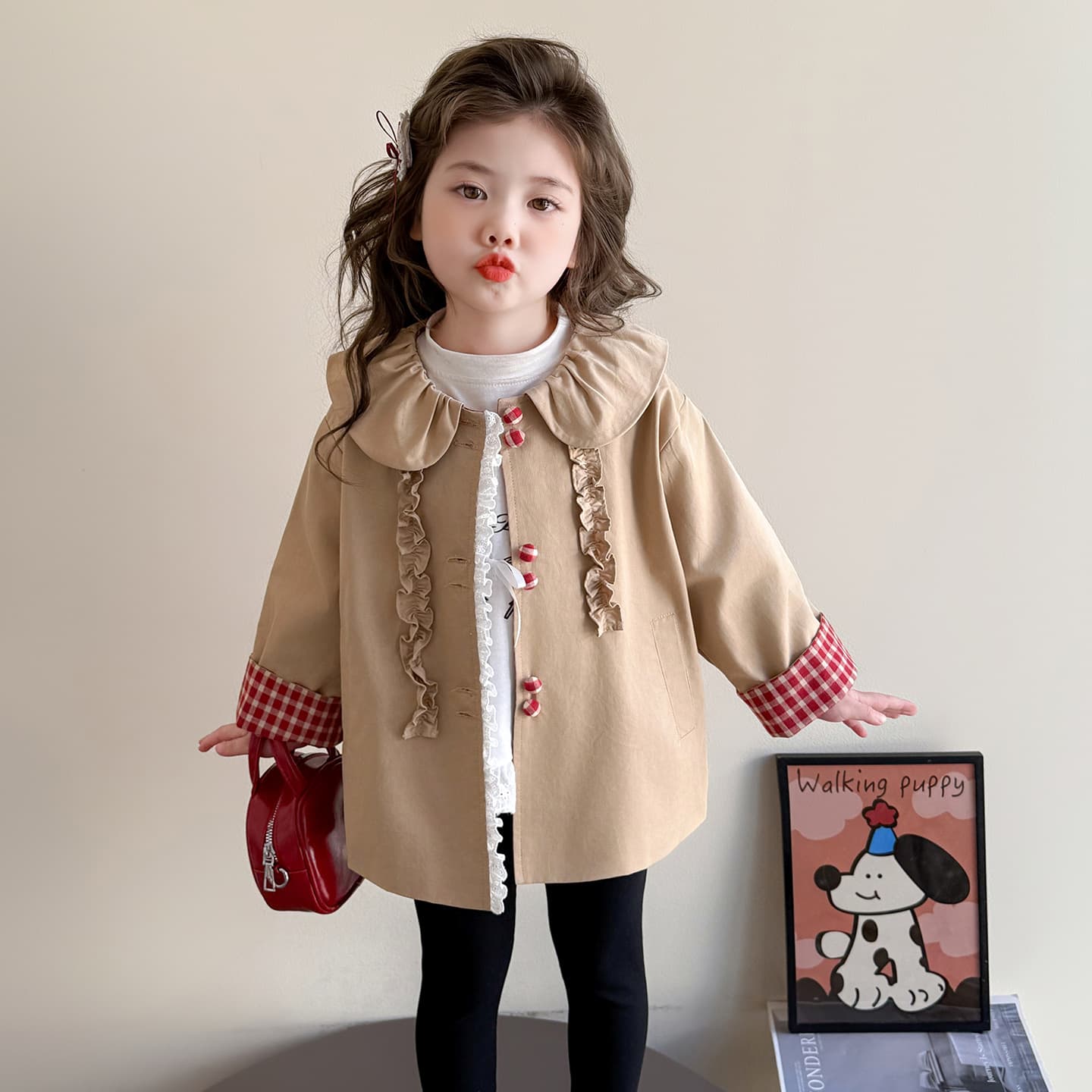 Cross-Border Kids Outerwear One-Piece Dropshipping Coat Spring New Doll Collar Plaid Trench Coat Korean Style Girls Jacket