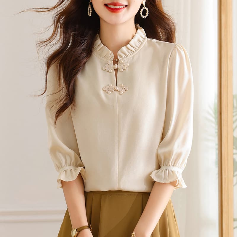 Fashionable Chinese Collar Seven Sleeve Shirts Women's Chiffon Shirt Summer New Style Slimming Top with Button Design