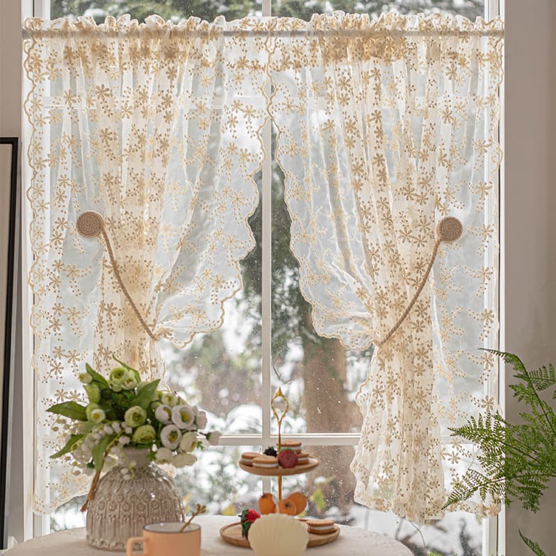 French Cream Lace Sheer Curtain No-Drill Short Curtain Embroidered Half Curtain Bay Window Floor-Length Window Small Window Partition Door Curtain