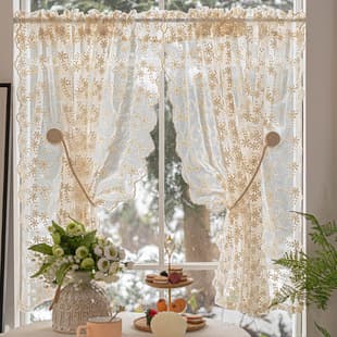 French Cream Lace Sheer Curtain No-Drill Short Curtain Embroidered Half Curtain for Bay Window, Floor-to-Ceiling Window, Small Window, Room Divider Curtain