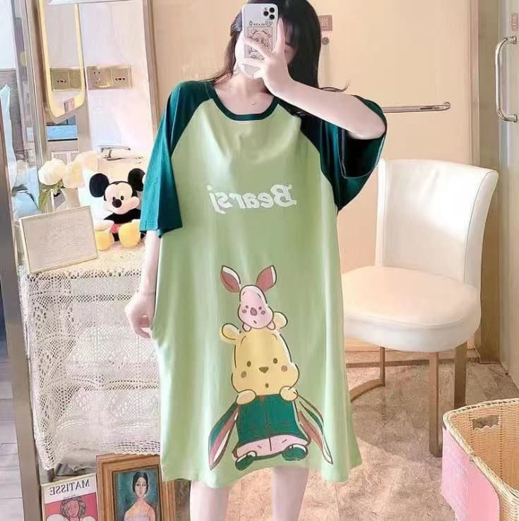 Plus Size Women's Skirt, Cartoon Loose Short Sleeve, Spring/Summer/Autumn Mid-Length Loungewear, One-Piece Dress, Casual Nightdress