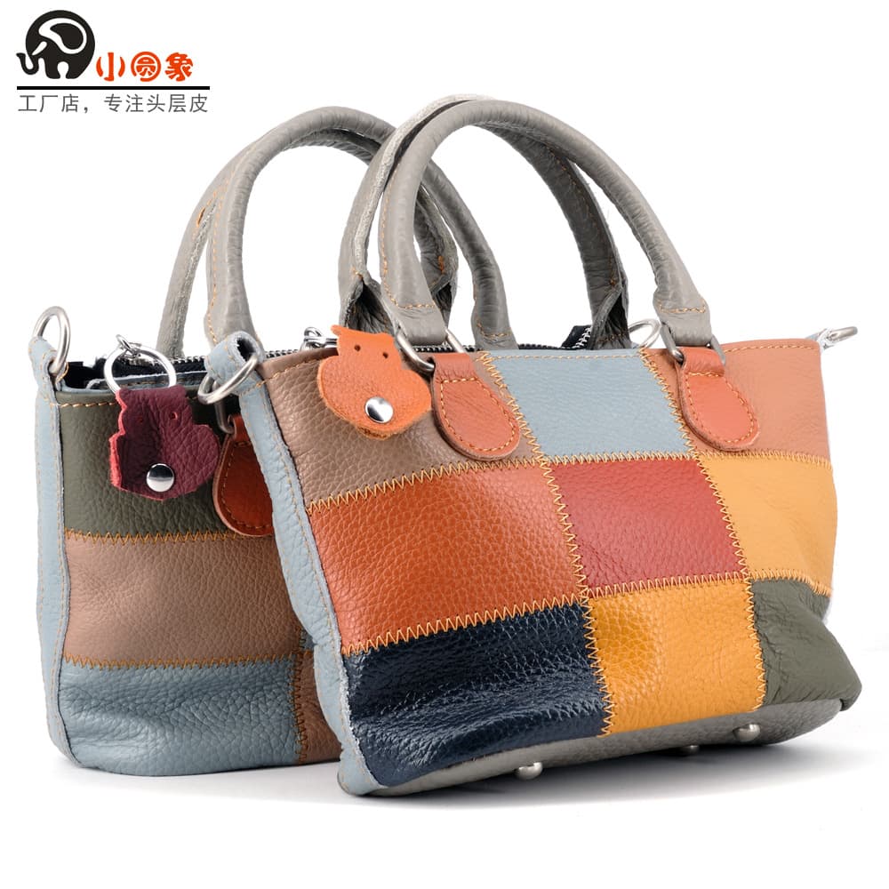 Xiaoyuanxiang Top Layer Cowhide Color Block Bucket Bag Genuine Leather Handbag Phone Bag Commuter Small Bag Versatile Mini Chanel Style Bag