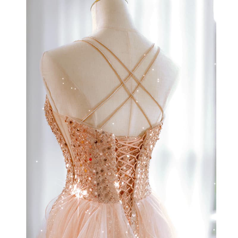 Sequin Evening Gown 2025 Summer New Spaghetti Strap Sexy Light Luxury Party Dress Bridesmaid Banquet Evening Dress