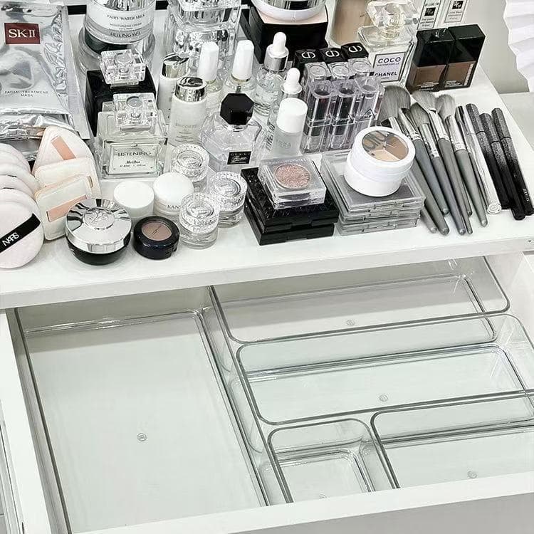 Transparent compartmentalized cosmetic organizer set for drawer, home sorting and storage box for miscellaneous items