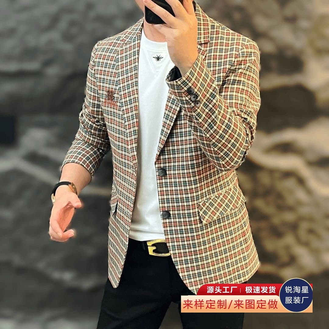 2025 Spring Autumn New High-End Men's Trendy Versatile Personalized Casual Chest Label Plaid Suit Top