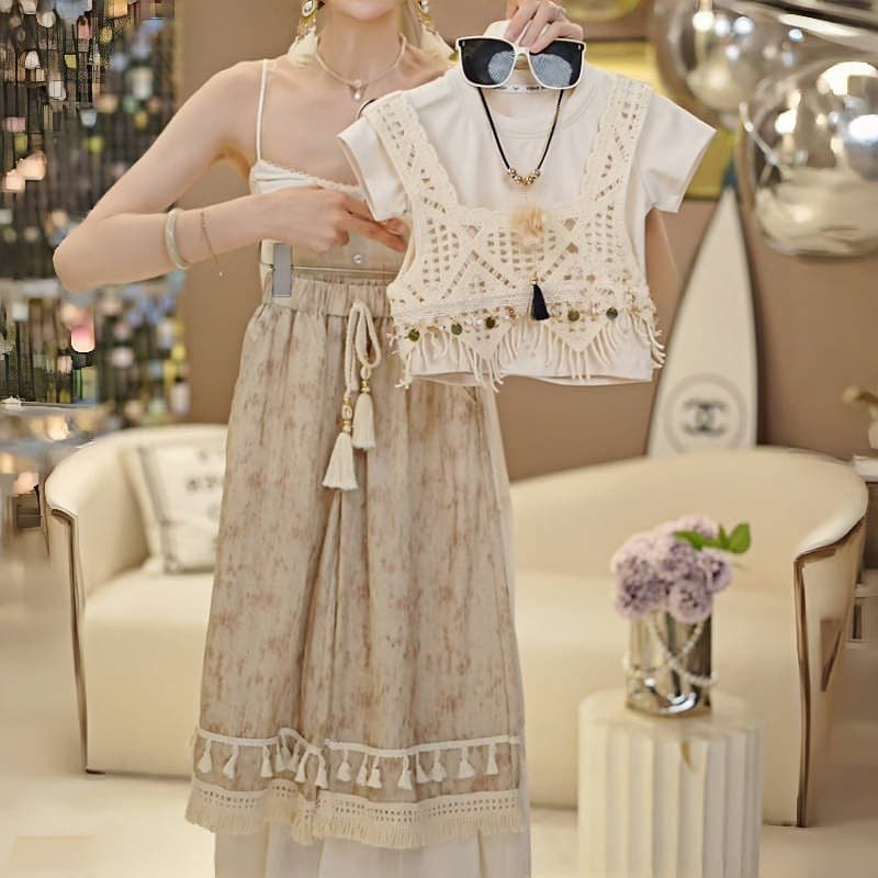 Girls Suit Summer 2025 New Children's Hollow Western Style Short-Sleeved Wide-leg Pants Medium and Large Children's Ethnic Style Three-piece Set