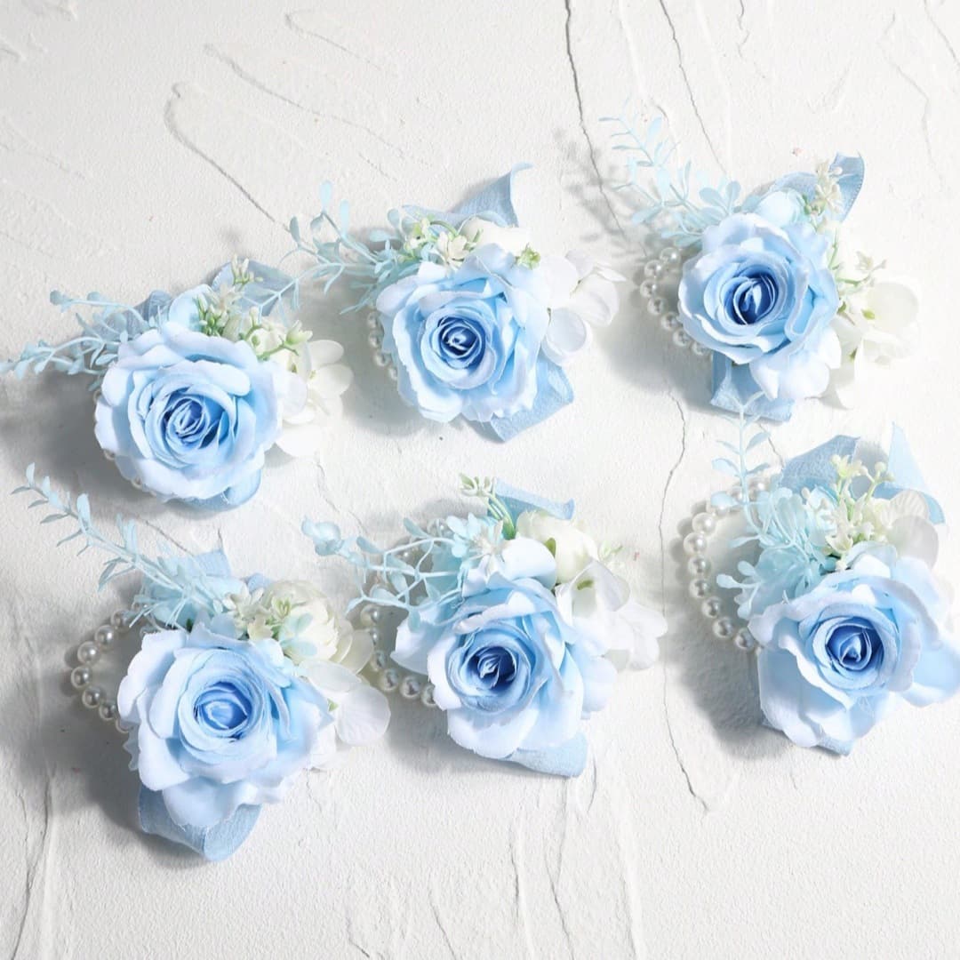 6-piece forest-themed blue rose groom and groomsmen boutonnieres, bridal and bridesmaid wrist flowers suitable for international weddings and engagements.