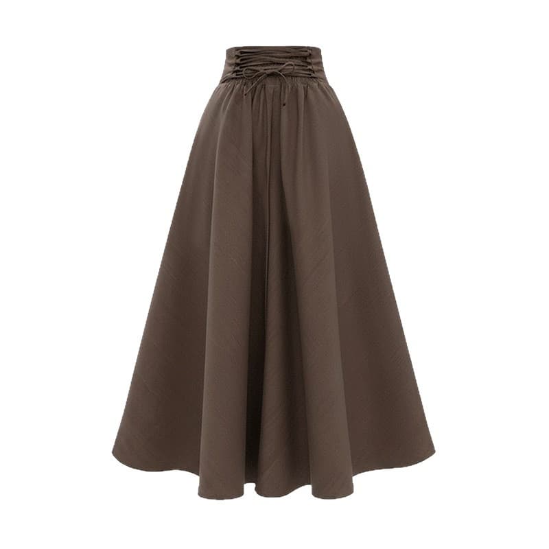 Plus Size Brown High-Waist Tie-Front A-Line Long Skirt with Drawstring Waist, Slimming and Flattering