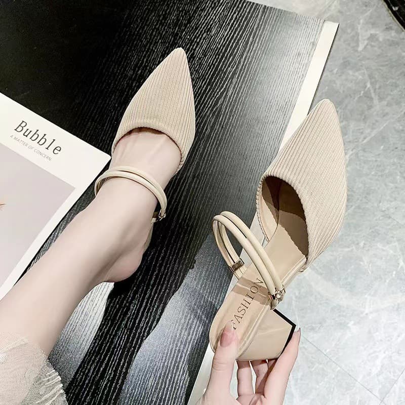 Pointed Toe Closed Front Mid Heel Chunky Heel Slide Sandals for Women Summer 2025 New Style Fabric Outerwear