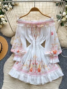 French One-Shoulder Printed Sweet Temperament Dress for Women, Summer Korean Style Long Sleeve, Waist-Tightening Slimming A-Line Skirt for Commute
