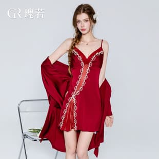 Guiruo Sexy Deep V with Padded Satin Mesh Backless Tie Nightgown and Robe Lightweight Lingerie Sleepwear Homewear 3340