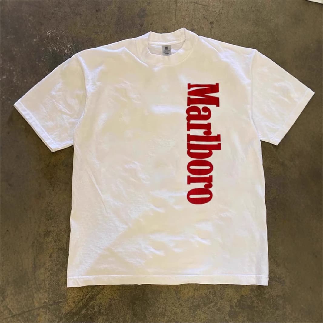 250g Trendy Marlboro Print T-Shirt Short Sleeve Men's Summer Pure Cotton Round Neck Half Sleeve Non-Transparent Non-Pilling